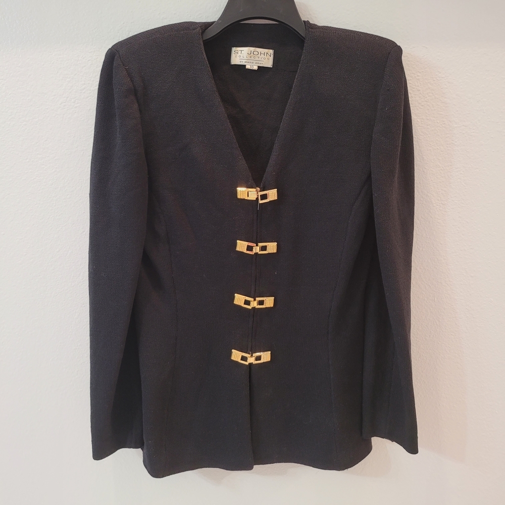 St. John Collection Black Blazer with Gold Buckles Size 10 Made USA